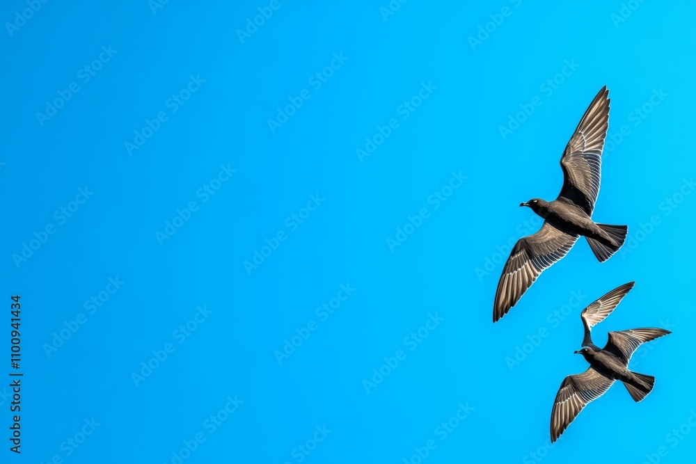 Obraz premium A single silhouette of a bird in flight against a uniform sky blue background, focusing on space and contrast