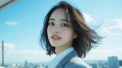 Captivating portrait of a beautiful asian woman against a city skyline with flowing hair and a bright smile