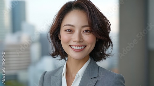 Captivating portrait of a professional asian woman smiling confidently against a cityscape background Free Download Captivating portrait of a professional asian woman smiling confidently against a cityscape background - GFXLoad