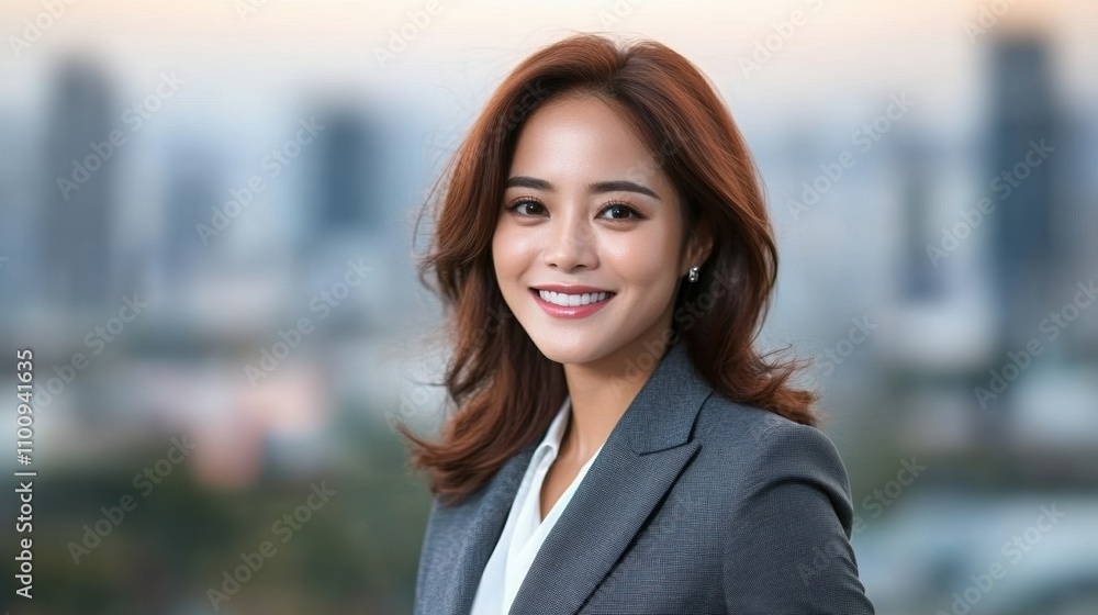 Captivating portrait of a confident and beautiful asian woman smiling against a city skyline backdrop Captivating portrait of a confident and beautiful asian woman smiling against a city skyline backdrop