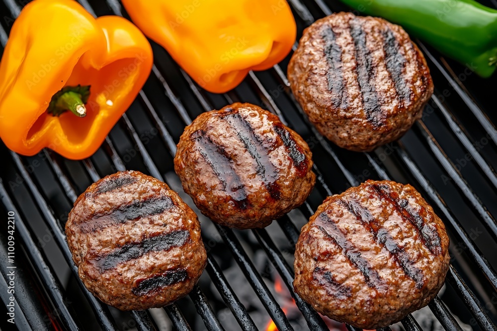A top-down view of a compact charcoal grill filled with juicy patties, toasted buns, and charred bell peppers A top-down view of a compact charcoal grill filled with juicy patties, toasted buns, and charred bell peppers