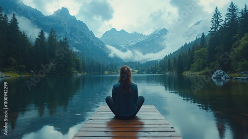 A woman captures memories with a tablet on a picturesque mountain dock, celebrating nature.