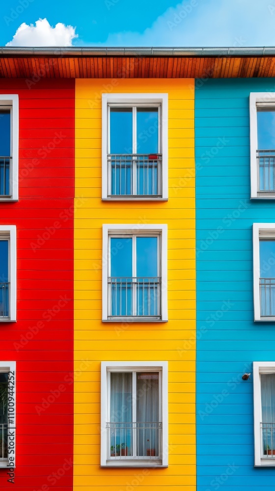 Obraz premium Vibrant Facade: A captivating close-up of a colorful building, showcasing a bold and playful design. The contrasting hues of red, yellow, and blue create a dynamic visual.