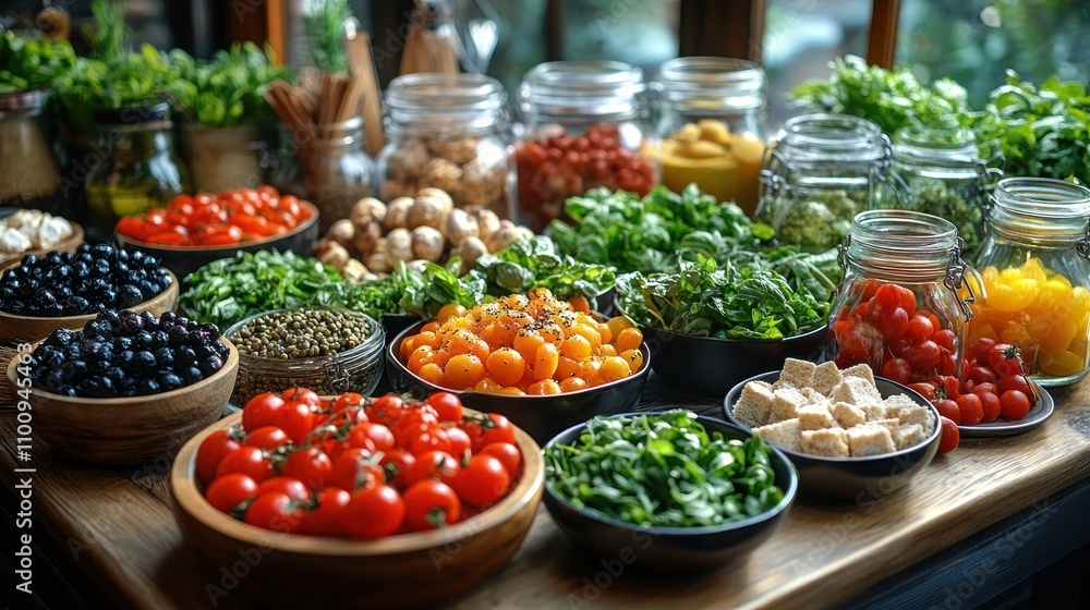 Obraz premium A table set with fresh, colorful ingredients for preparing a healthy meal, including cherry tomatoes, spinach, lentils, tofu, and herbs.
