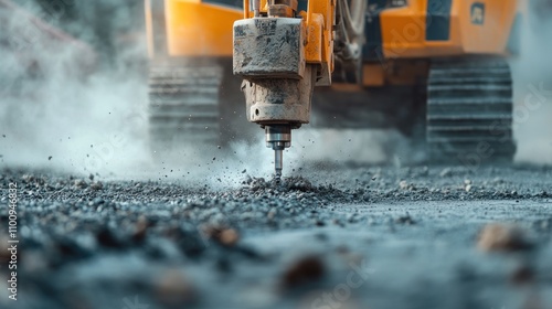 Close-up shot of a drilling machine working on concrete floor with smoke and dust covering the surrounding area photo