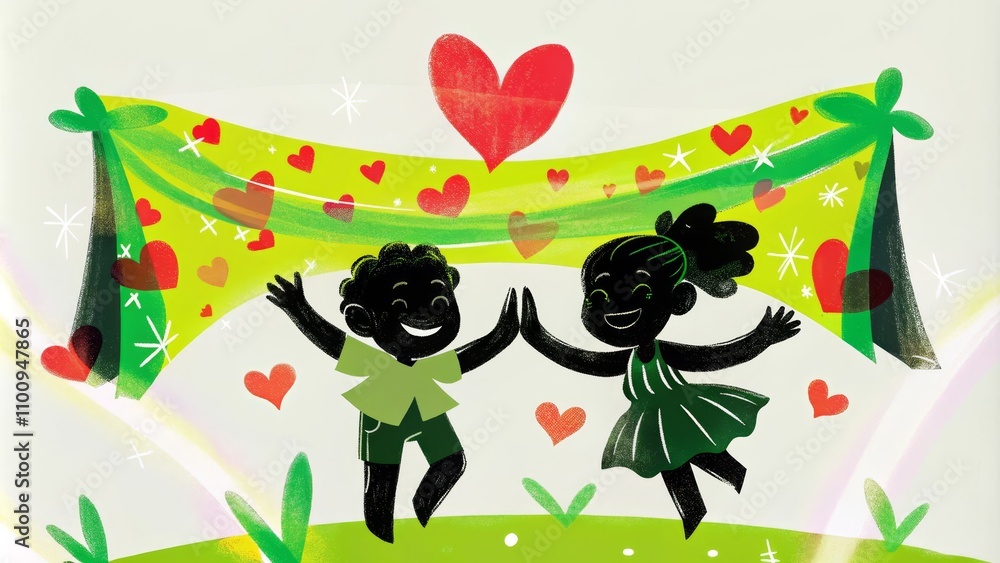 Naklejka premium Joyful kids celebrating friendship in a heartfelt cartoon illustration