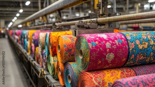 High-speed machinery producing colorful textile rolls with intricate patterns in a textile manufacturing facility photo