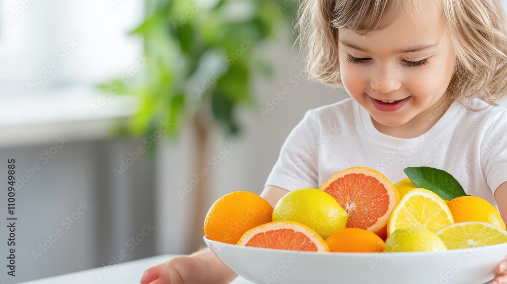 A joyful child examines a bowl of colorful fruits, showcasing a vibrant mix of citrus, symbolizing health and happiness. A joyful child examines a bowl of colorful fruits, showcasing a vibrant mix of citrus, symbolizing health and happiness.