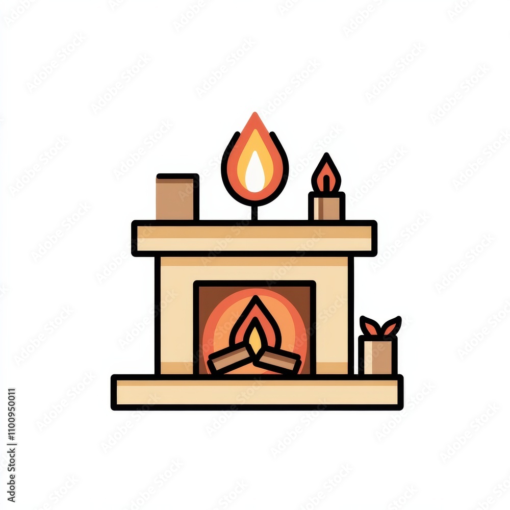 Fototapeta premium A cozy fireplace illustration with candles and a warm flame, creating a comforting atmosphere for home decor.