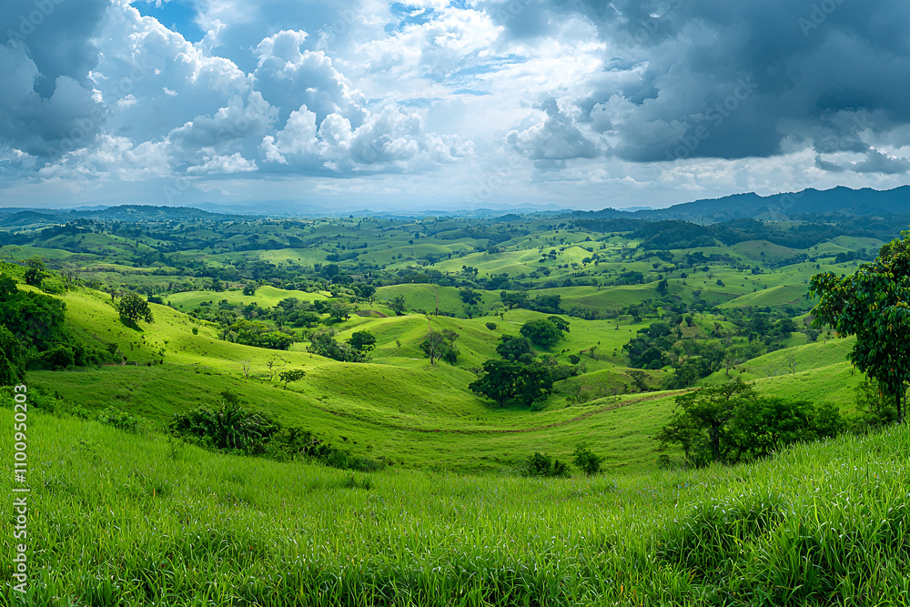 Obraz premium Breathtaking Panoramic View of Lush Green Rolling Hills and Dramatic Sky