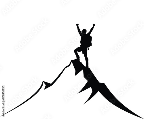 Elegant Silhouette Vector Template of Hiker in Victory Pose