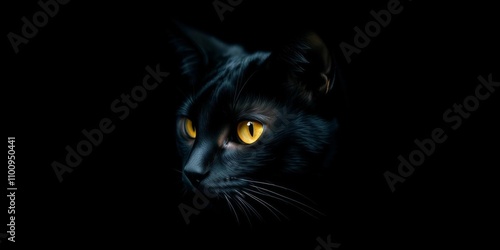 A unique black cat with a piercing yellow eye and black tail inside a circular frame, against a black background with a white circle and generative AI manipulation, dark, feline