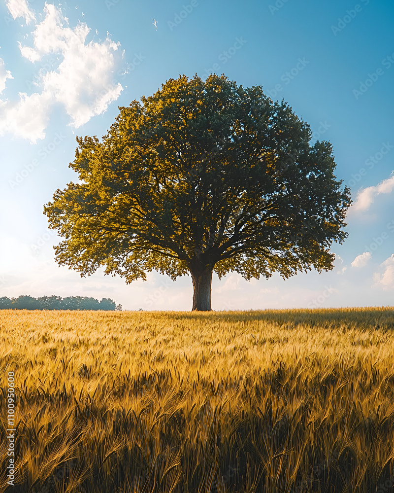 Fototapeta premium Majestic Oak Tree in Golden Wheat Field at Sunset