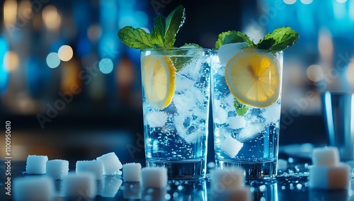 Refreshing Lemon Mint Drinks at a Bar photo