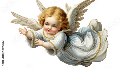 Victorian-style cherubic baby angel with golden curls and delicate wings, dressed in a flowing white gown, flying gracefully in the air.