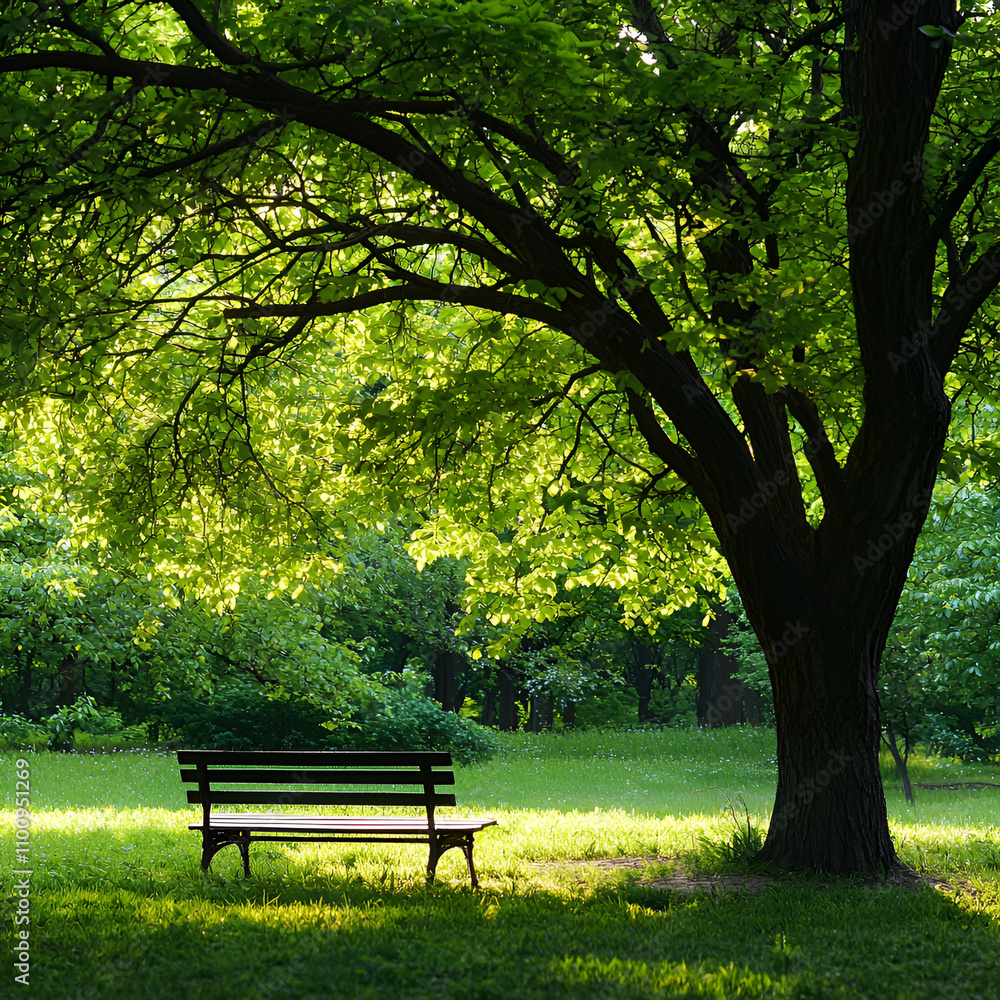 Serene Park Bench Under Lush Green Tree: Peaceful Nature Escape Serene Park Bench Under Lush Green Tree: Peaceful Nature Escape