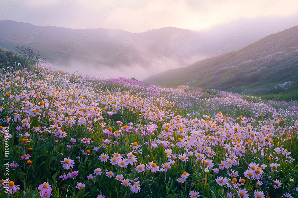 Obraz premium Serene Sunrise: Misty Mountain Wildflowers in Bloom