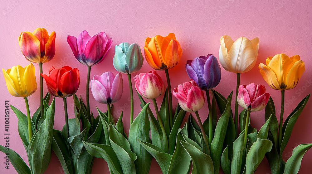 Obraz premium A whimsical arrangement of tulips in various pastel colors scattered across a light pink background, 