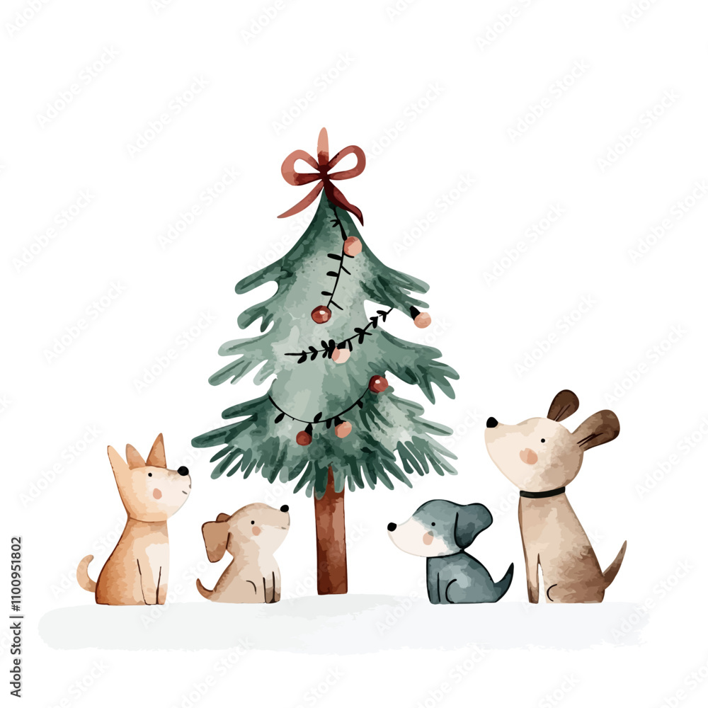Fototapeta premium Christmas Tree Pup Party: Four adorable dogs gather around a festively decorated Christmas tree, their eyes twinkling with anticipation for the holiday season.
