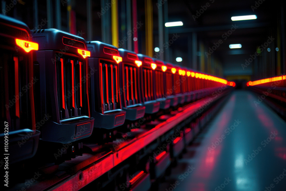 Obraz premium row of powerful servers with red LED lights in dimly lit data center, creating futuristic and high tech atmosphere. servers are aligned neatly, emphasizing precision and technology