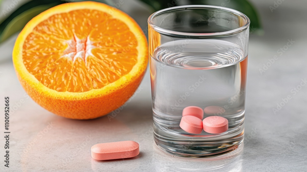 custom made wallpaper toronto digitalA glass of water with pink pills beside a fresh orange, emphasizing health and wellness.