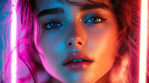 The face of a young woman is superimposed on a neon light and pastel lines. Represents a vibrant and unique pop art culture.