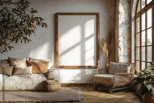 poster mockup with wooden frame leaning against the wall in an elegant interior of modern apartment