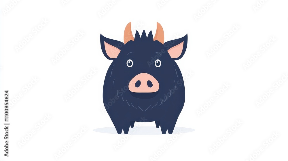 Cute cartoon style black bull character with big round eyes