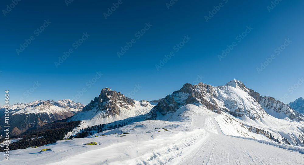 Obraz premium Snowy mountain landscape with a ski slope, offering a winter wonderland and clear blue sky.
