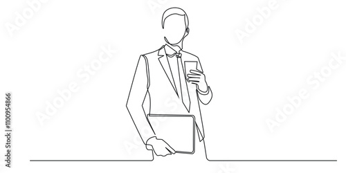 continuous line drawing of young executive standing carrying laptop and drinking coffee.one line drawing of person in suit on coffee break.simple single line vector.isolated white background