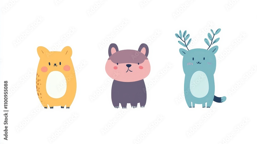 Naklejka premium Cute Cartoon Animals with Simple Designs and Soft Colors