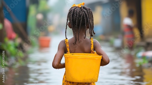 A young girl carries a heavy water bucket, illustrating the daily struggles faced by children in areas affected by climate change. photo