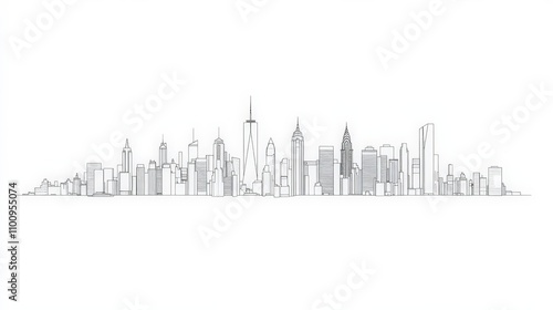 Minimalist Line Art Cityscape with Skyscrapers and Iconic Buildings