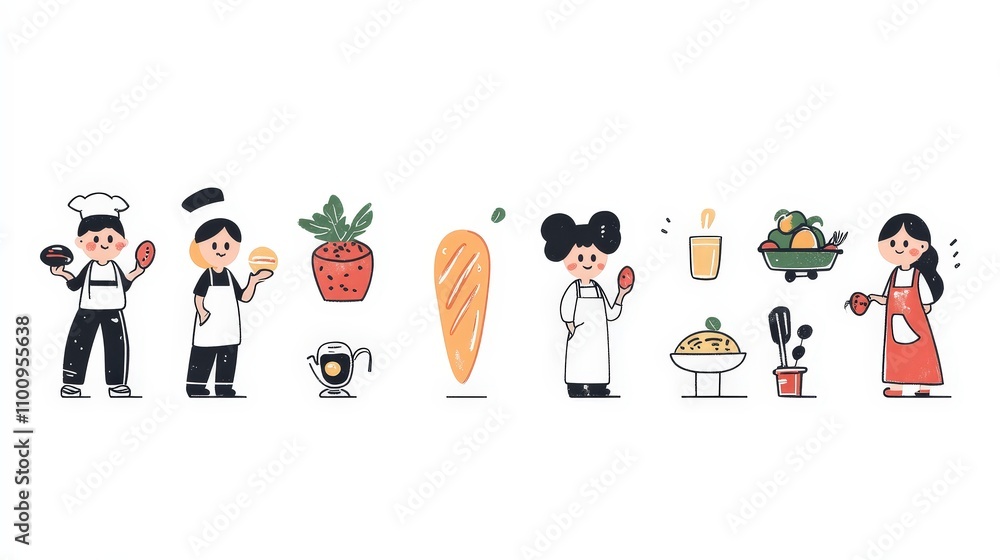 Cute Illustrations of Characters with Food Items and Kitchen Tools