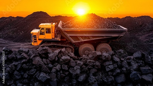 A yellow dump truck loaded with coal sits against a vibrant sunset, surrounded by dark piles of coal, creating a striking industrial scene. photo