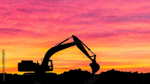 Wallpaper Mural Excavator at sunrise.A silhouetted excavator stands against a vibrant sunset, showcasing a blend of pink, orange, and purple hues in the sky. Torontodigital.ca