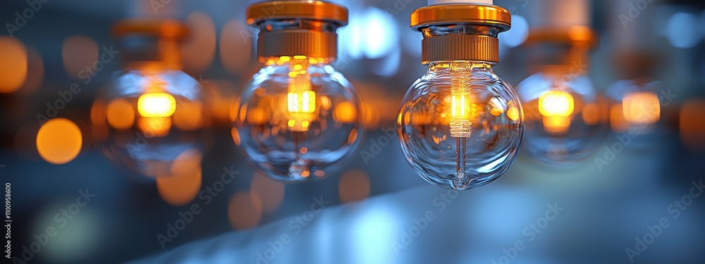 Glowing light bulbs hanging in a modern indoor setting Glowing light bulbs hanging in a modern indoor setting
