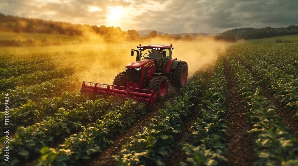 Fototapeta premium A red tractor tills a field at sunset, kicking up dust and creating a dramatic scene.