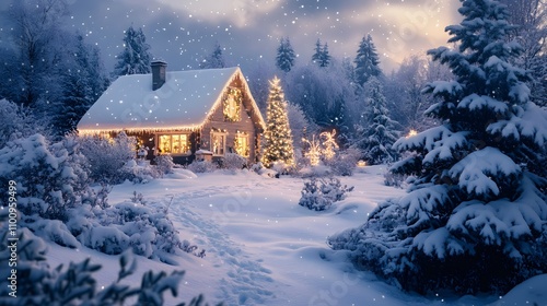 Wallpaper Mural A snow covered cabin glows with Christmas lights Torontodigital.ca