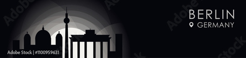 Vector Berlin, Germany cityscape banner. Black and white placard profile picture for header, footer photo