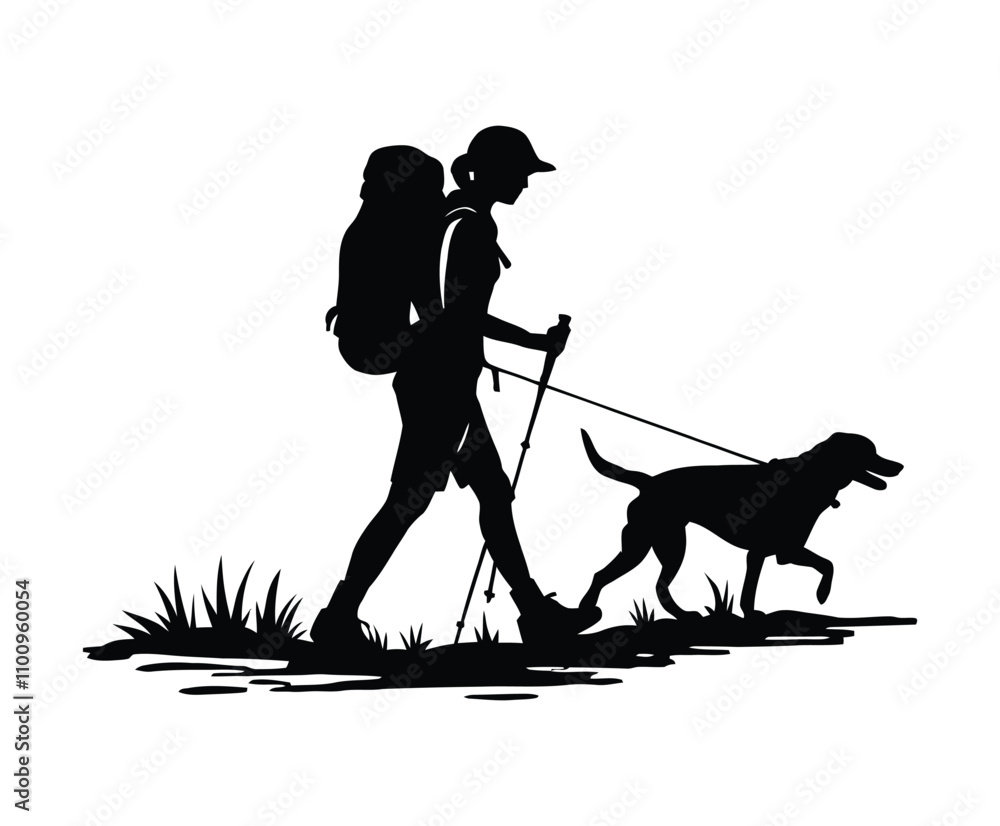 Hiker with Backpack and Dog Silhouette Vector Template Hiker with Backpack and Dog Silhouette Vector Template