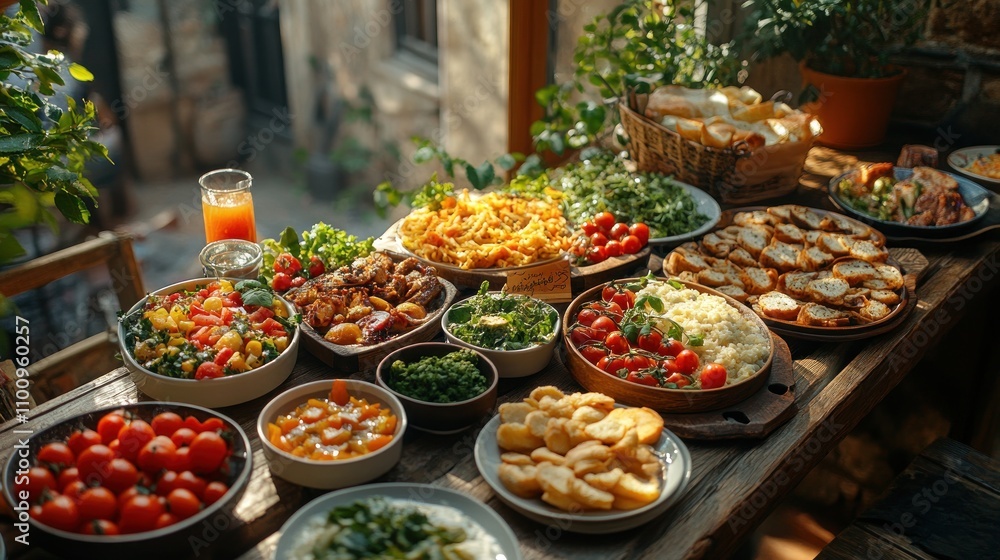 Fototapeta premium A long wooden table is filled with a variety of dishes, including pasta, salad, bread, and fruit. There are also several glasses of juice and a basket of bread in the background.