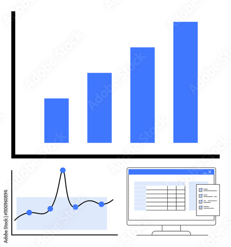 Bar chart line chart, computer screen with spreadsheet reflect business growth, data analysis, technology, finance, performance tracking, and strategy development. Ideal for reports, infographics
