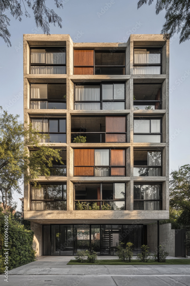 Fototapeta premium A front view from street of a 18-meter tall building with 8 levels