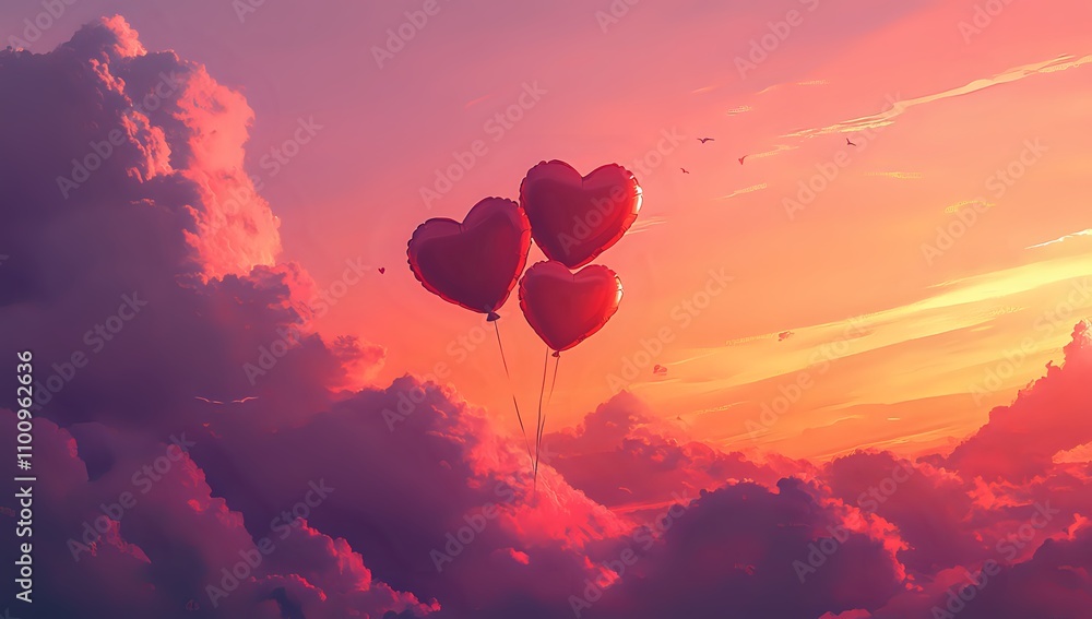 Fototapeta premium Heart Balloons Soaring Above Sunset Clouds: A Romantic Scene