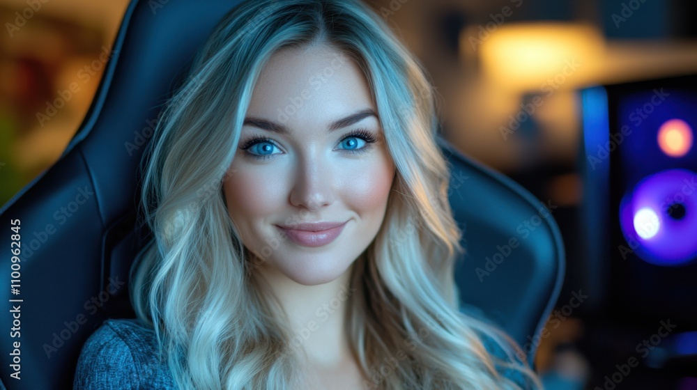 Beautiful blonde with captivating blue eyes, sitting on a gaming chair Beautiful blonde with captivating blue eyes, sitting on a gaming chair