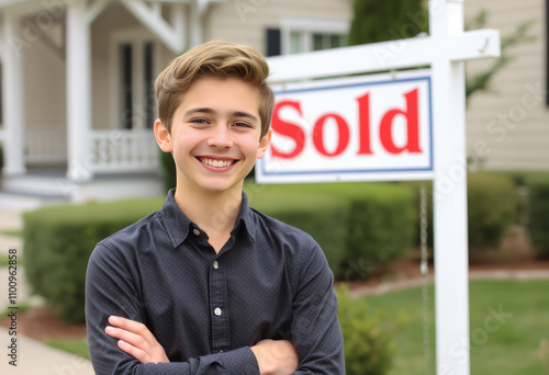 a year old real estate agent staa year old real estate agent standing in front of a sold s photo