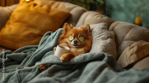 Adorable Pomeranian dog lounging on a couch with cucumber slices on its eyes, wrapped in a cozy blanket for relaxation