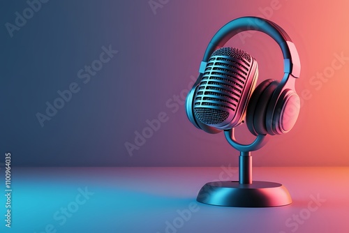 Podcast Setup: Retro Mic and Headphones in Neon