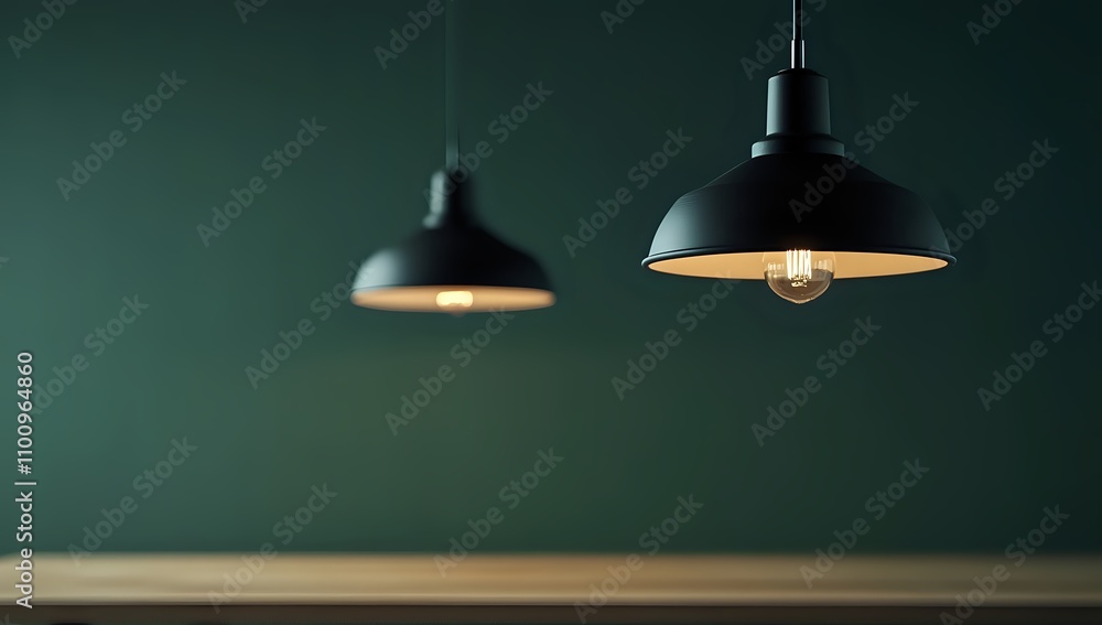 Obraz premium Minimalist Interior Design: Two Pendant Lights Illuminate a Dark Green Wall